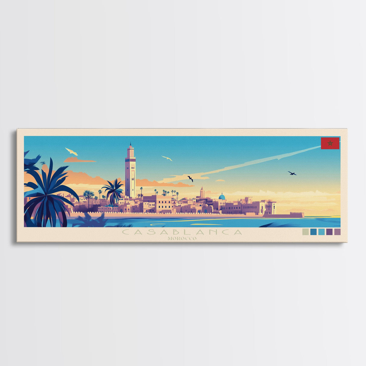 Panoramic Travel Poster Casablanca, Morocco Canvas Print, Casablanca, Morocco Painting, Morocco Art, Casablanca Travel Art, Guest Room Painting