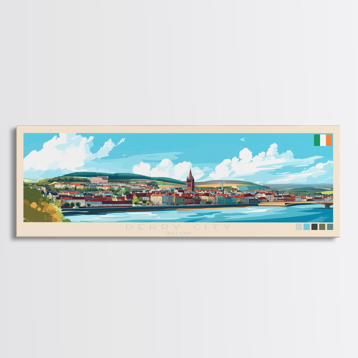 Panoramic Travel Poster Derry City, Ireland Canvas Print, Derry City, Ireland Painting, Ireland Art, Derry City Travel Art, Guest Room Painting