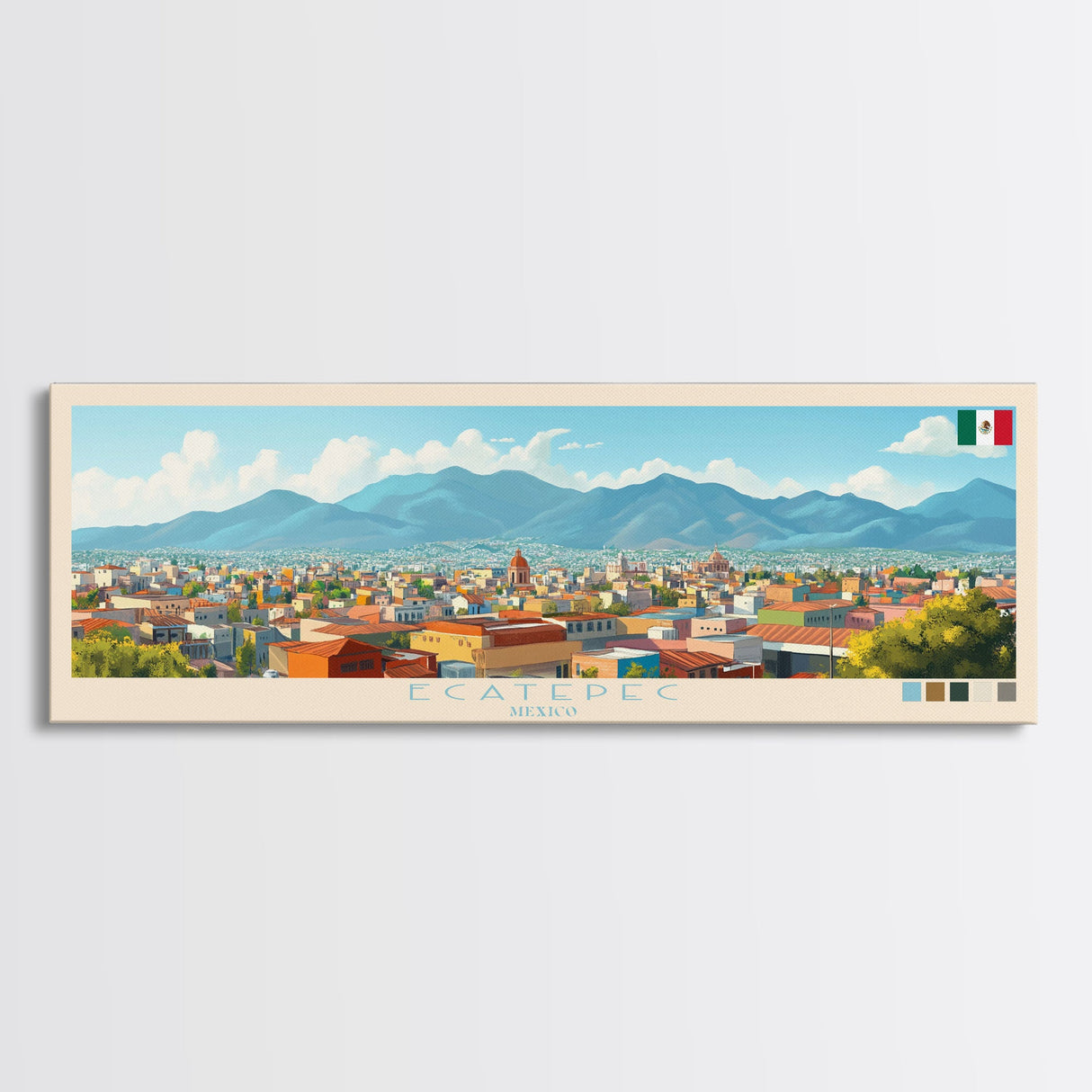 Ecatepec, Mexico Panoramic Travel Poster Canvas Print, Ecatepec, Mexico Painting, Mexico Art, Ecatepec Panoramic Travel Art, Travel Painting