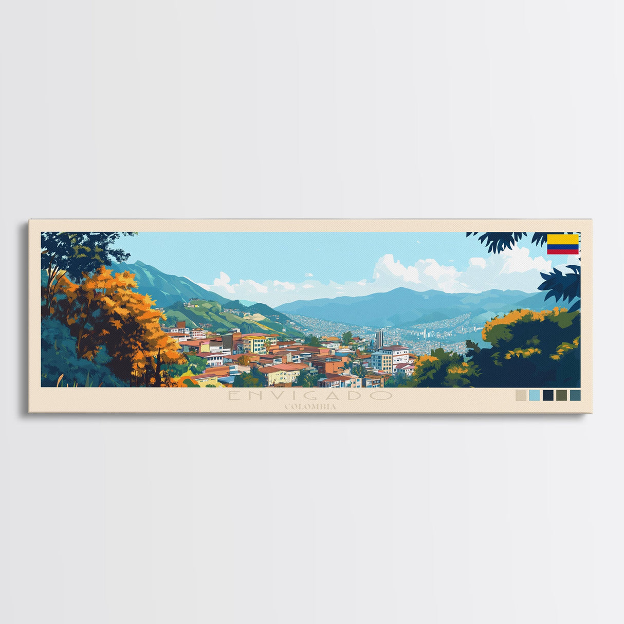 Envigado, Colombia Panoramic Travel Poster Canvas Print, Envigado, Colombia Painting, Colombia Art, Envigado Panoramic Travel Art, Travel Painting