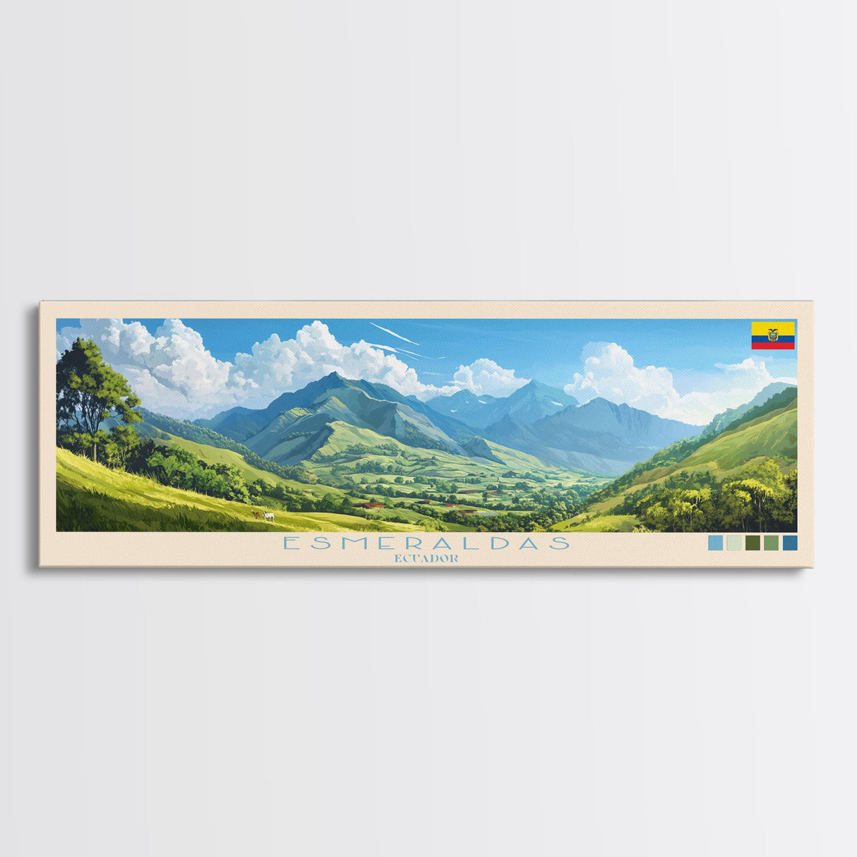 Esmeraldas, Ecuador Panoramic Travel Poster Canvas Print, Esmeraldas, Ecuador Painting, Ecuador Art, Esmeraldas Travel Art, Guest Room Painting