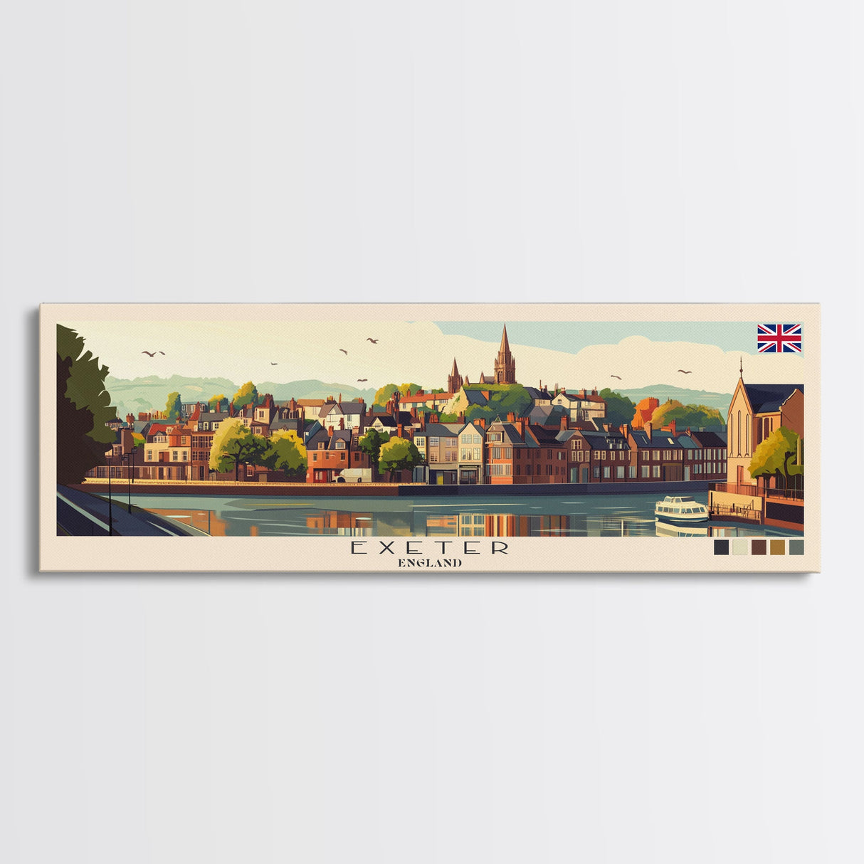 Panoramic Travel Poster Exeter, England Canvas Print, Exeter, England Painting, England Art, Exeter Travel Art, Guest Room Painting