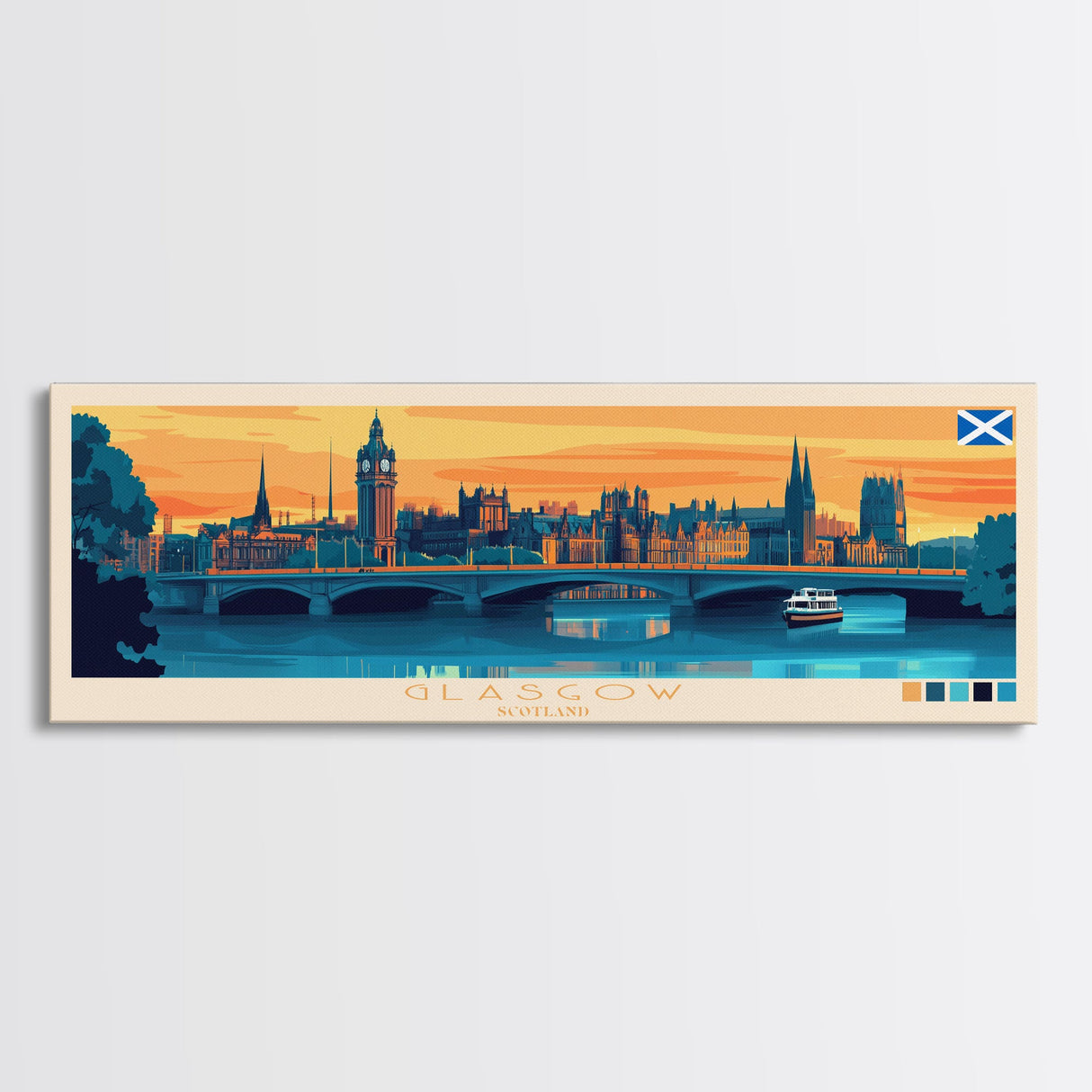 Glasgow, Scotland Panoramic Travel Poster Canvas Print, Glasgow, Scotland Painting, Scotland Art, Glasgow Travel Art, Guest Room Painting