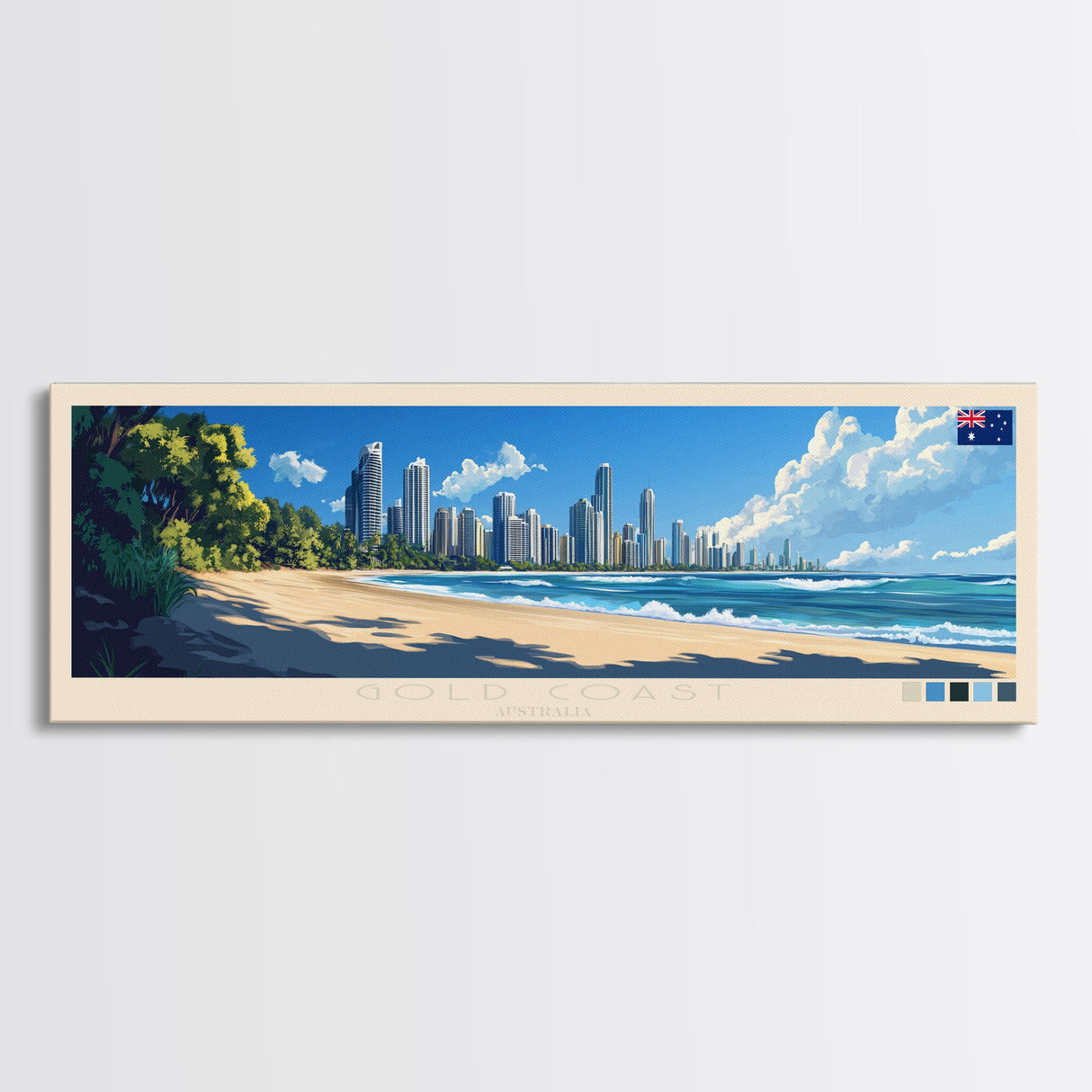 Gold Coast, Australia Travel Poster Panoramic Canvas Print, Gold Coast, Australia Painting, Australia Art, Gold Coast Travel Art, Guest Room Painting