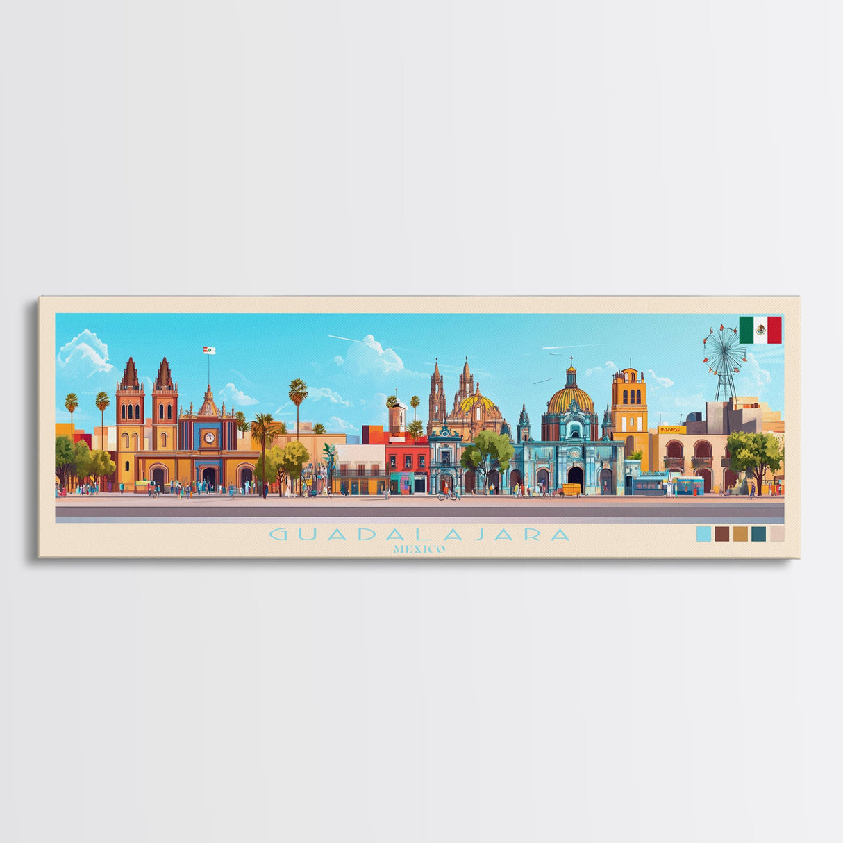 Panoramic Travel Poster Guadalajara, Mexico Canvas Print, Guadalajara, Mexico Painting, Mexico Art, Guadalajara Travel Art, Guest Room Painting