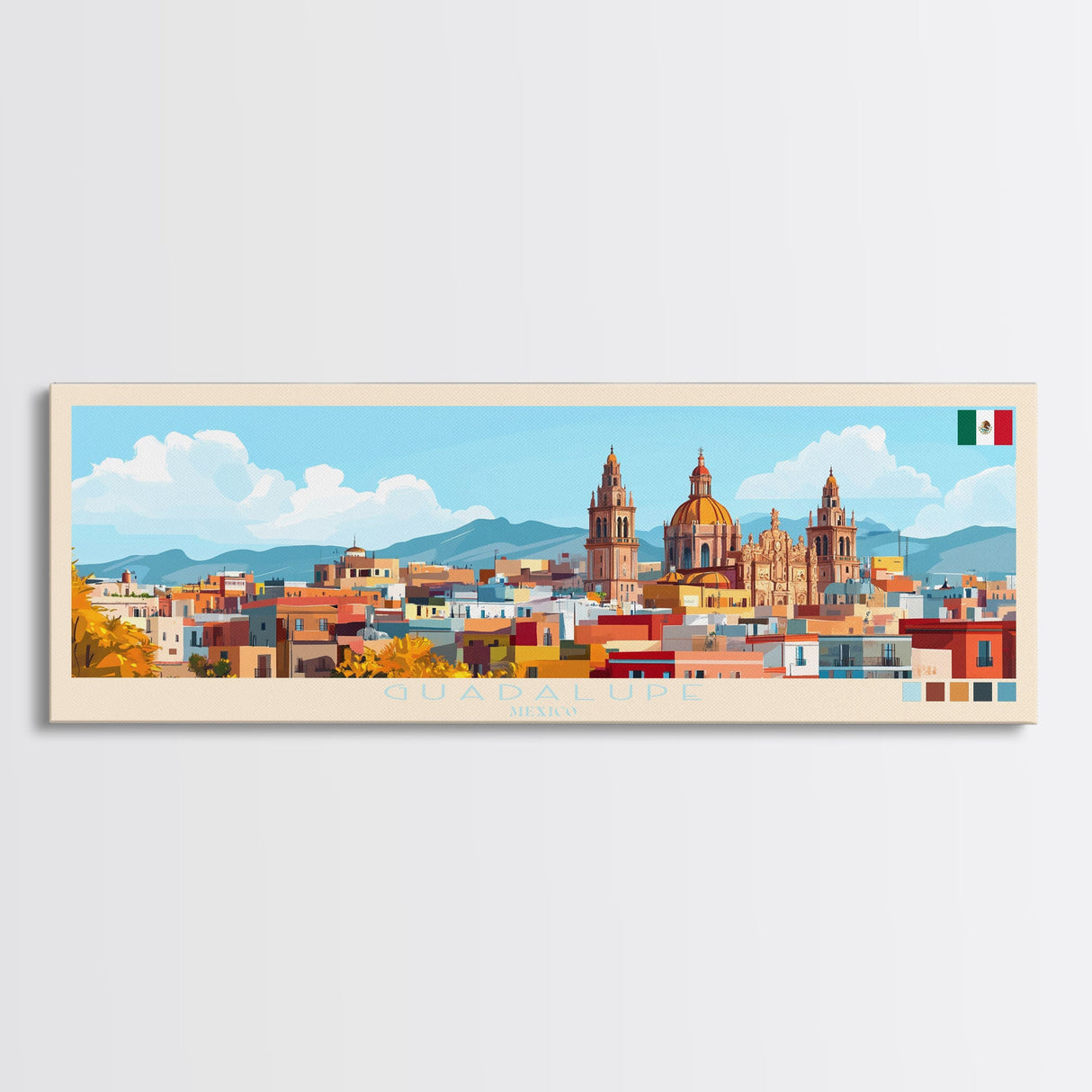 Guadalupe, Mexico Panoramic Travel Poster Canvas Print, Guadalupe, Mexico Painting, Mexico Art, Guadalupe Panoramic Travel Art, Travel Painting