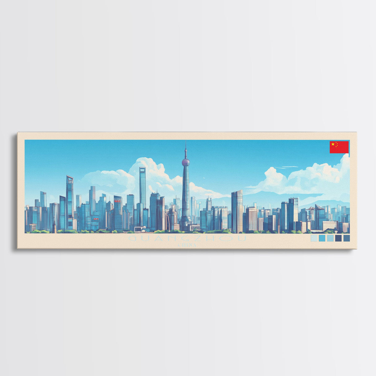 Guangzhou, China Panoramic Travel Poster Canvas Print, Guangzhou, China Painting, China Art, Guangzhou Travel Art, Guest Room Painting