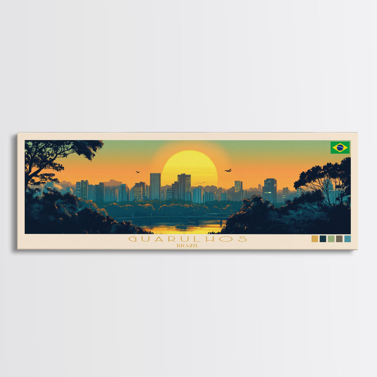 Guarulhos, Brazil Panoramic Travel Poster Canvas Print, Guarulhos, Brazil Painting, Brazil Art, Guarulhos Travel Art, Living Room Painting