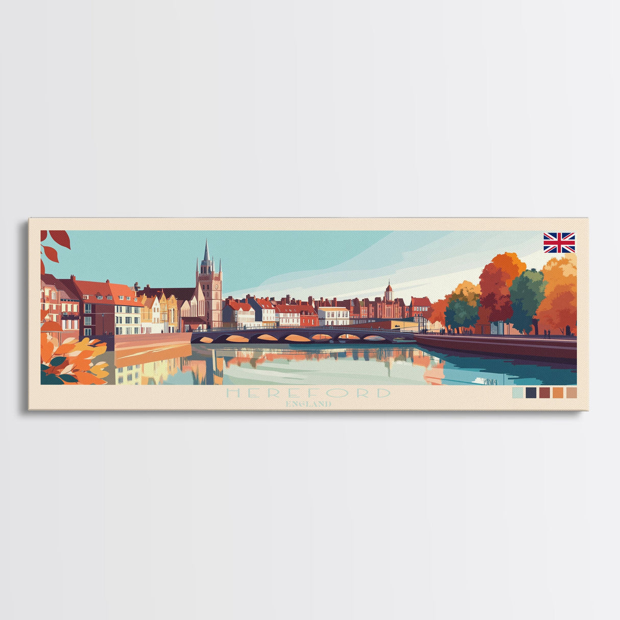 Hereford, England Travel Poster Panoramic Canvas Print, Hereford, England Painting, England Art, Hereford Travel Art, Guest Room Painting