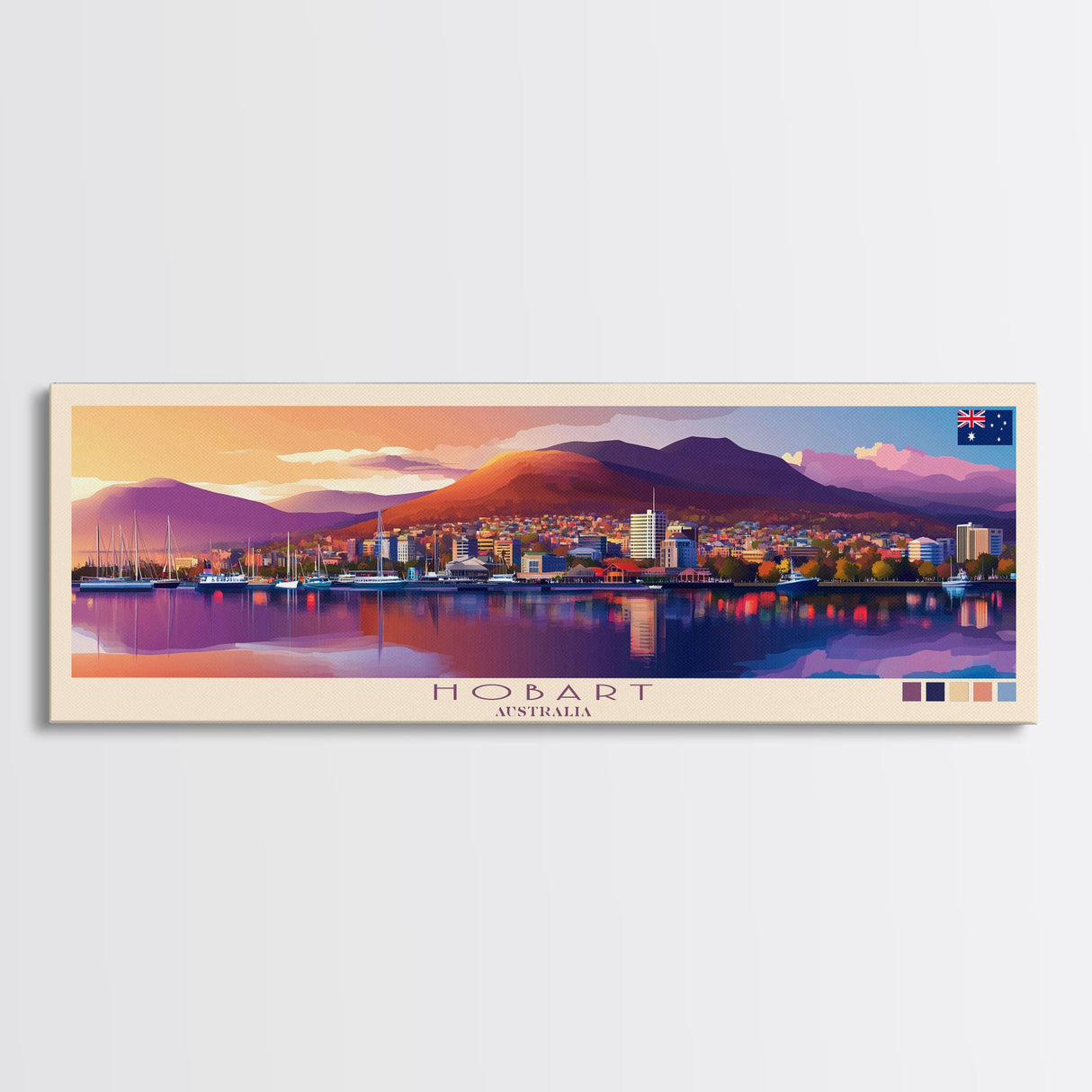 Hobart, Australia Panoramic Travel Poster Canvas Print, Hobart, Australia Painting, Australia Art, Hobart Travel Art, Guest Room Painting