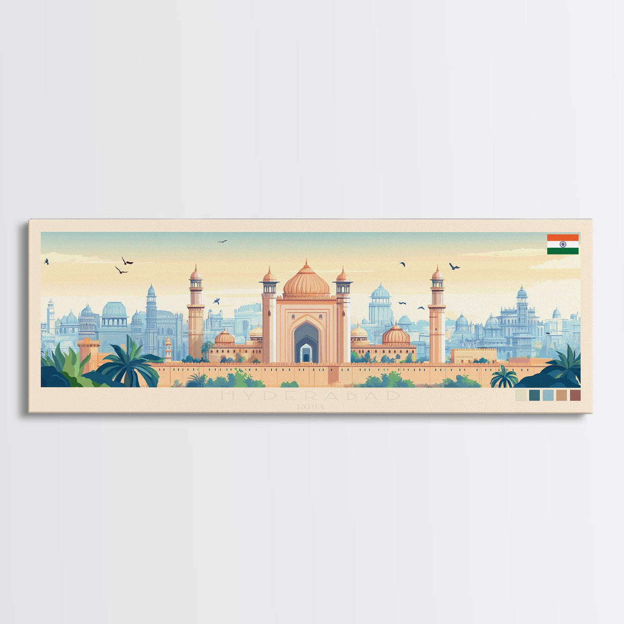 Hyderabad, India Panoramic Travel Poster Canvas Print, Hyderabad, India Painting, India Art, Hyderabad Travel Art, Guest Room Painting