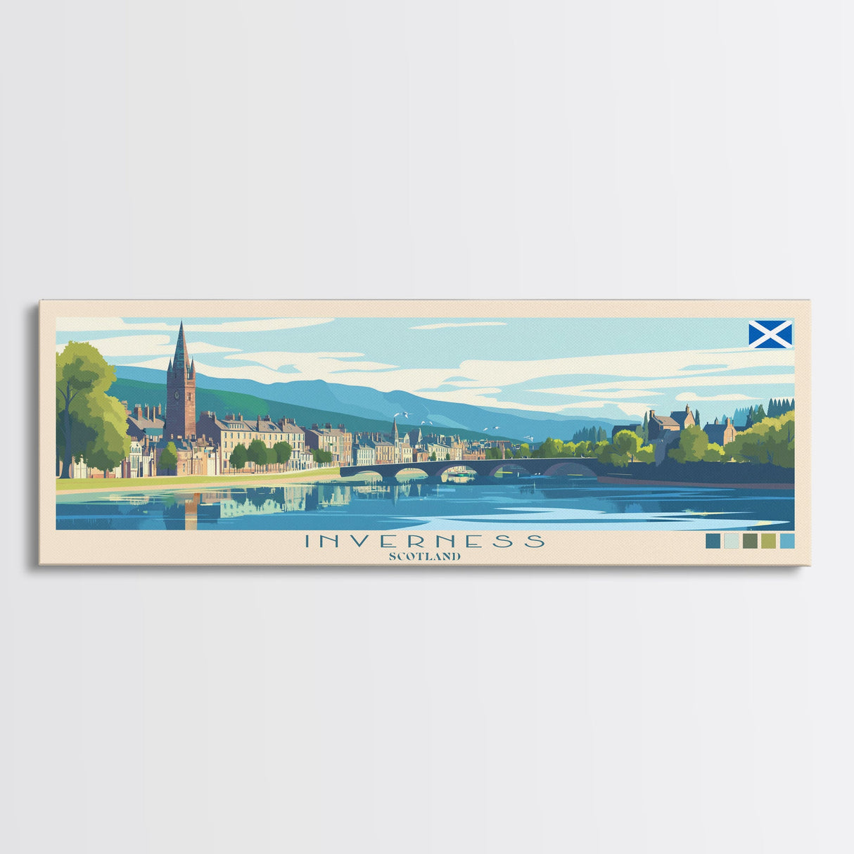 Inverness, Scotland Panoramic Travel Poster Canvas Print, Inverness, Scotland Painting, Scotland Art, Inverness Travel Art, Living Room Painting