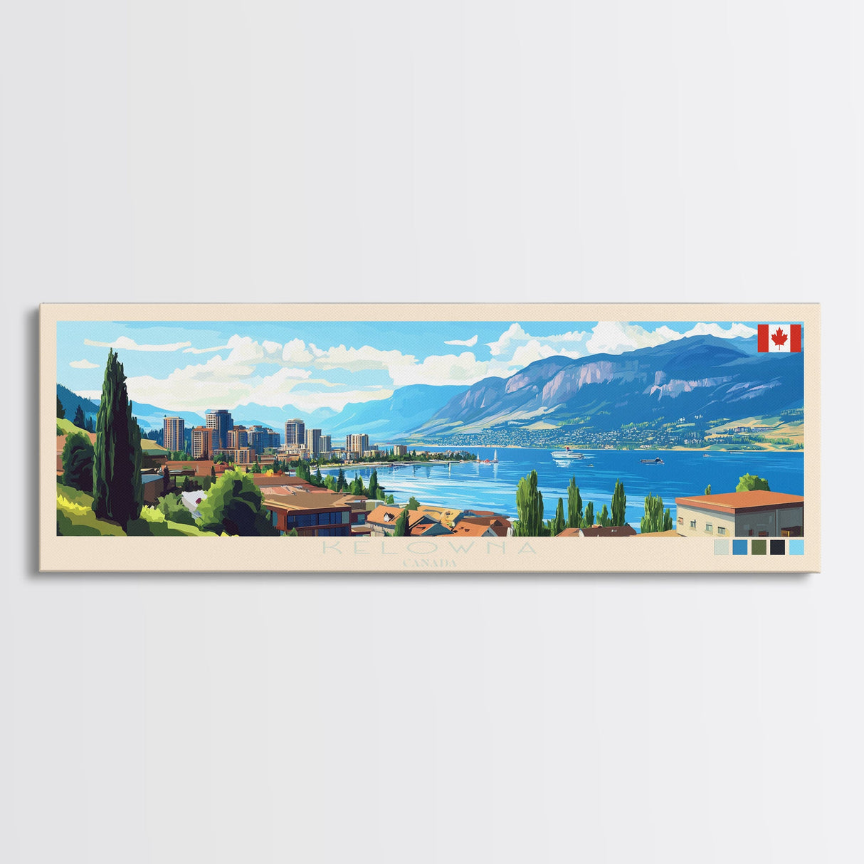 Kelowna, Canada Panoramic Travel Poster Canvas Print, Kelowna, Canada Painting, Canada Art, Kelowna Travel Art, Living Room Painting