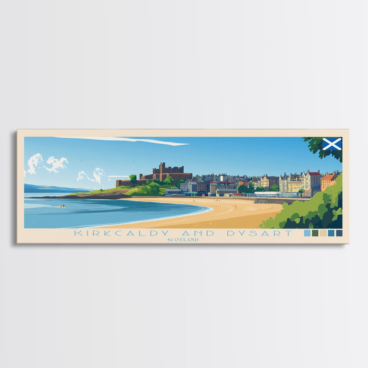 Kirkcaldy and Dysart, Scotland Travel Poster Panoramic Canvas Print, Kirkcaldy and Dysart, Scotland Painting, Scotland Art, Kirkcaldy and Dysart Travel Art, Guest Room Painting