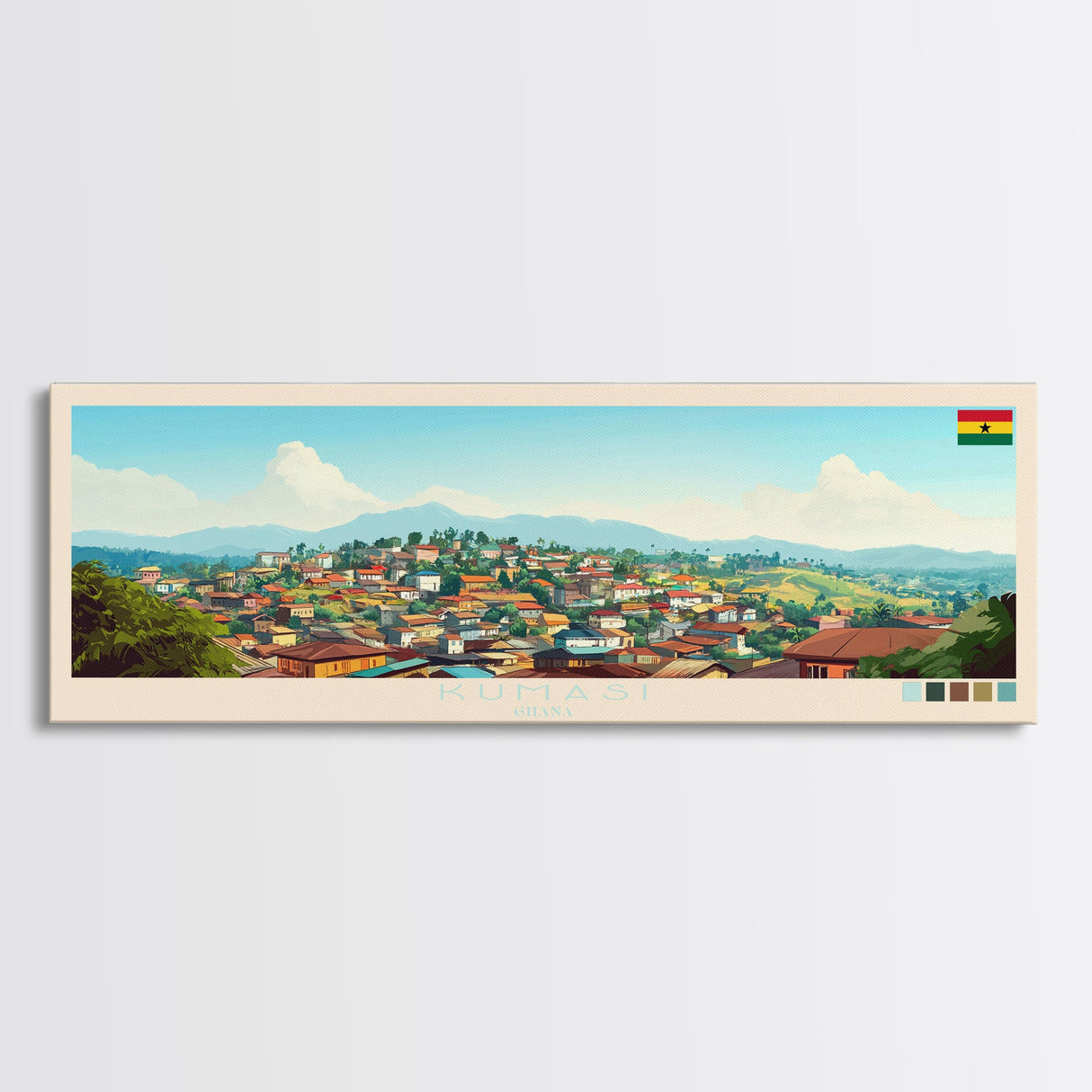 Kumasi, Ghana Panoramic Travel Poster Canvas Print, Kumasi, Ghana Painting, Ghana Art, Kumasi Panoramic Travel Art, Travel Painting