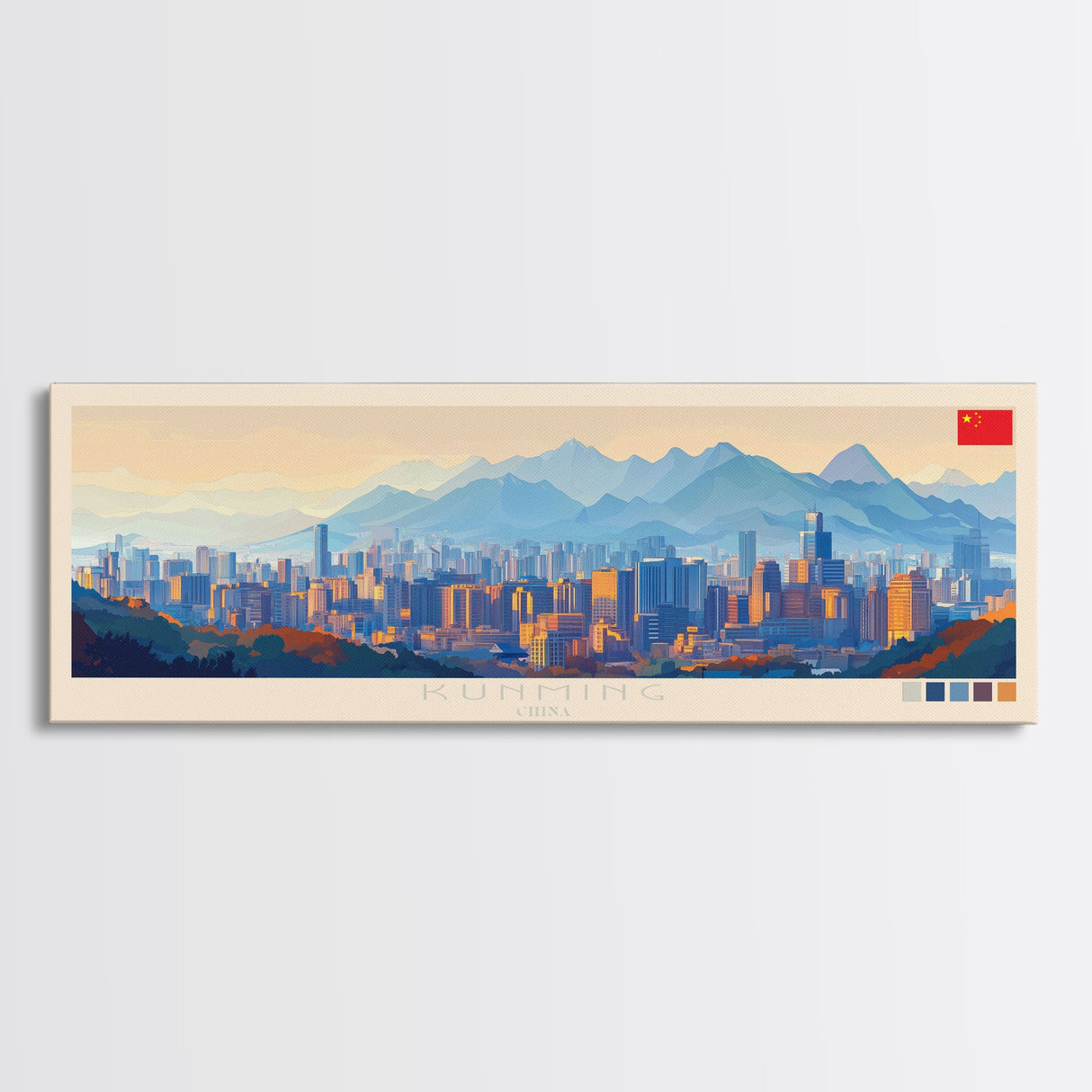 Kunming, China Panoramic Travel Poster Canvas Print, Kunming, China Painting, China Art, Kunming Travel Art, Guest Room Painting