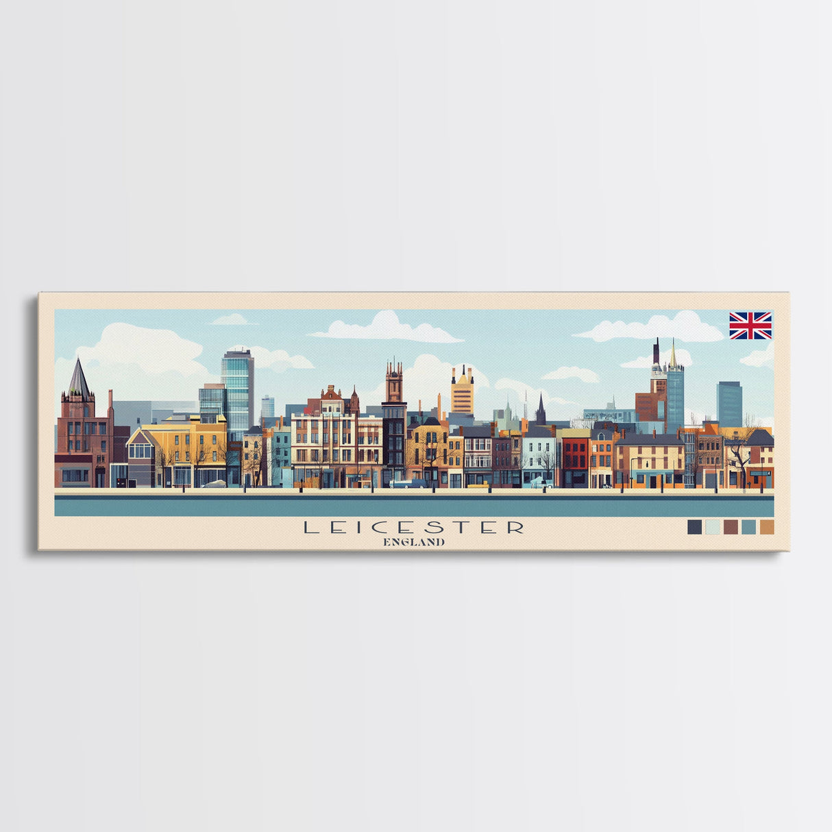 Leicester, England Panoramic Travel Poster Canvas Print, Leicester, England Painting, England Art, Leicester Panoramic Travel Art, Travel Painting