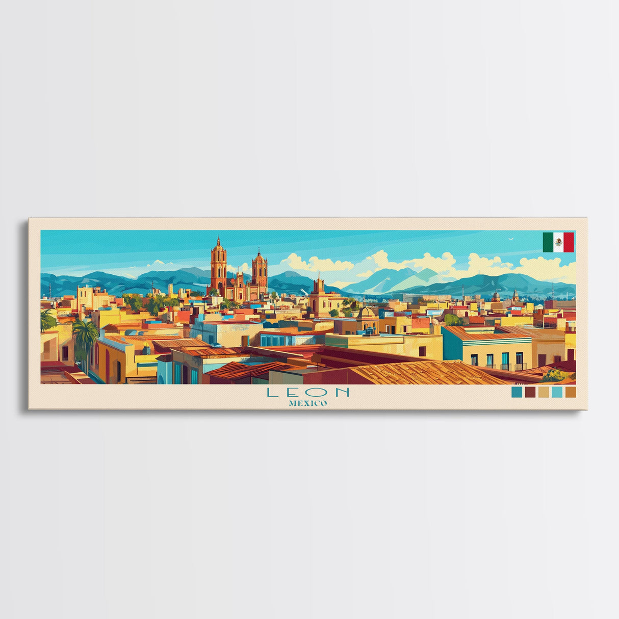 Leon, Mexico Panoramic Travel Poster Canvas Print, Leon, Mexico Painting, Mexico Art, Leon Travel Art, Guest Room Painting