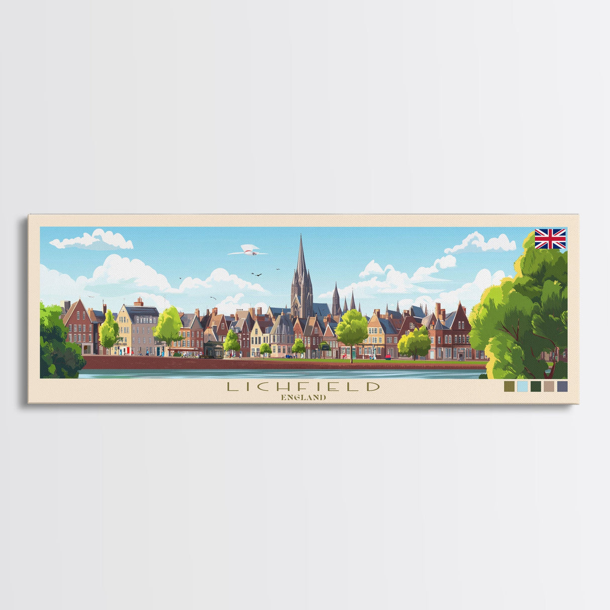 Lichfield, England Travel Poster Panoramic Canvas Print, Lichfield, England Painting, England Art, Lichfield Travel Art, Guest Room Painting