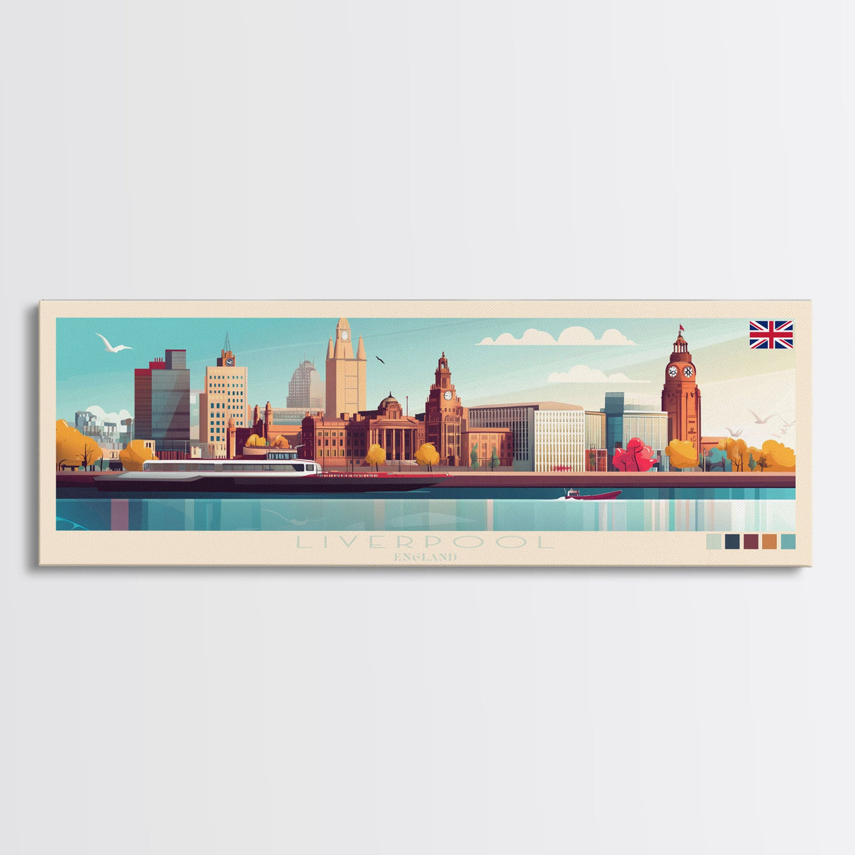 Liverpool, England Panoramic Travel Poster Canvas Print, Liverpool, England Painting, England Art, Liverpool Travel Art, Guest Room Painting