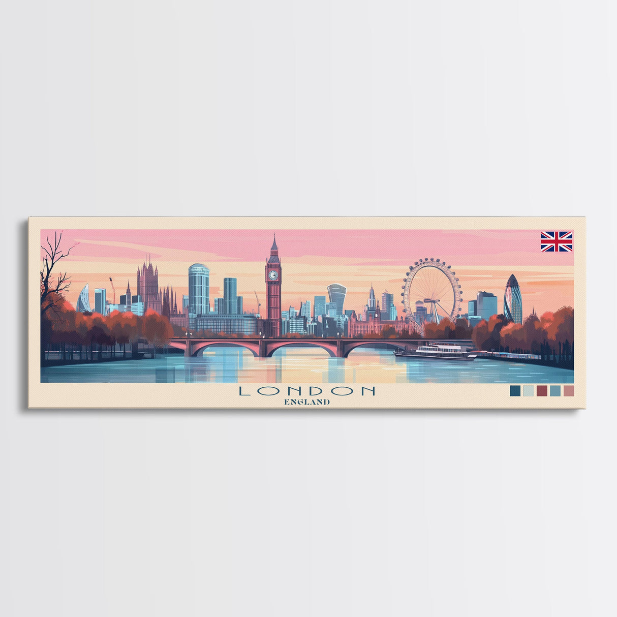 London, England Panoramic Travel Poster Canvas Print, London, England Painting, England Art, London Panoramic Travel Art, Travel Painting