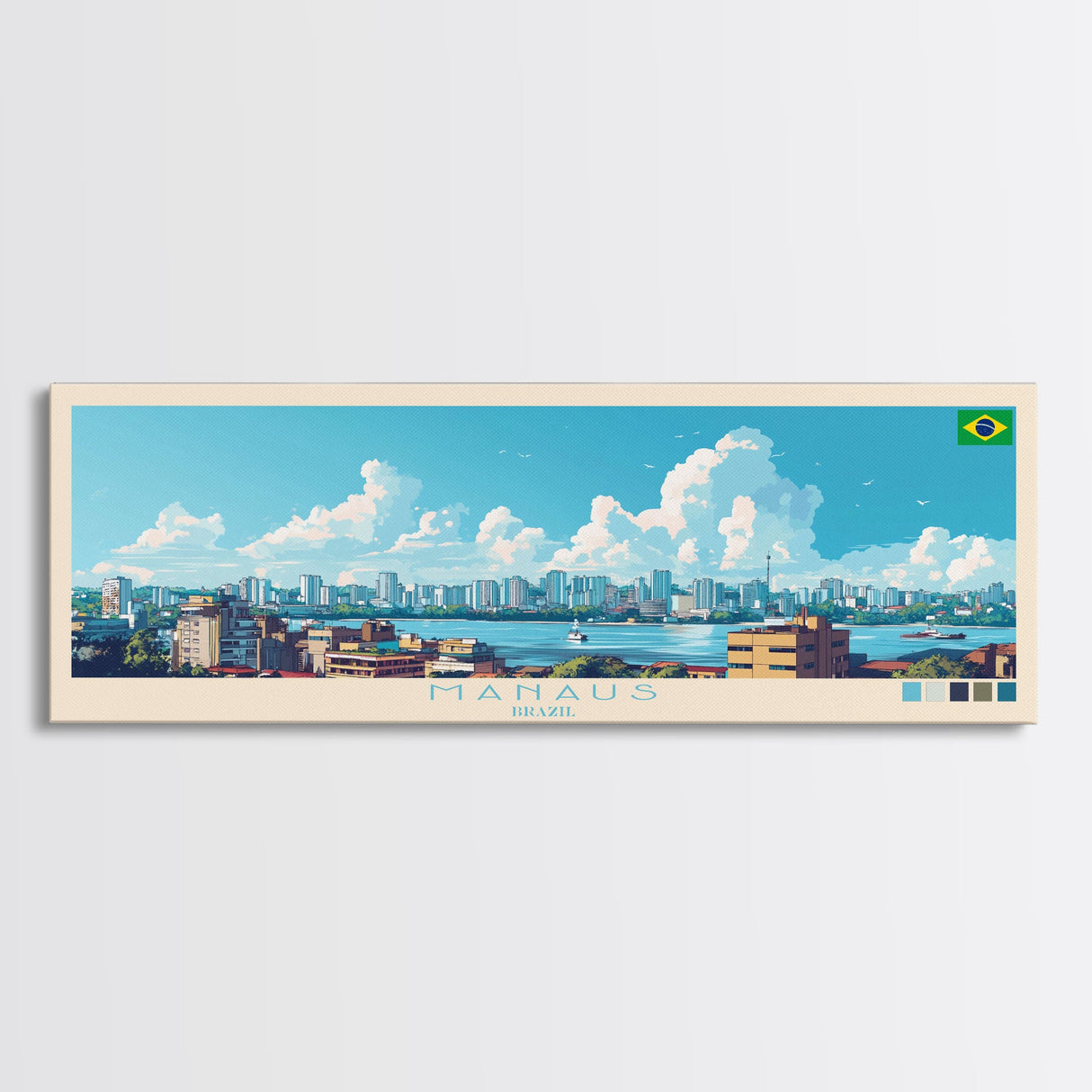 Manaus, Brazil Panoramic Travel Poster Canvas Print, Manaus, Brazil Painting, Brazil Art, Manaus Panoramic Travel Art, Travel Painting