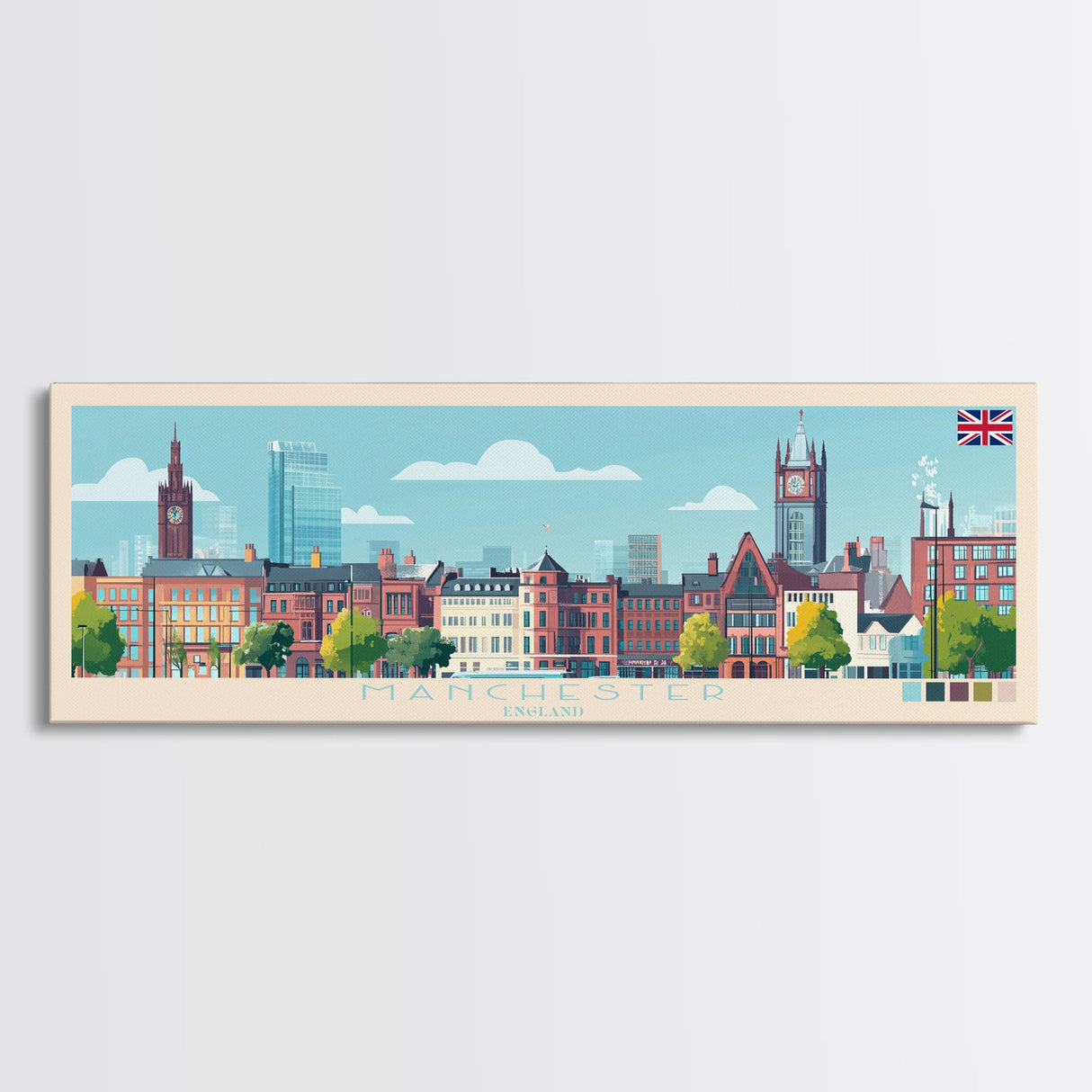 Manchester, England Panoramic Travel Poster Canvas Print, Manchester, England Painting, England Art, Manchester Travel Art, Guest Room Painting