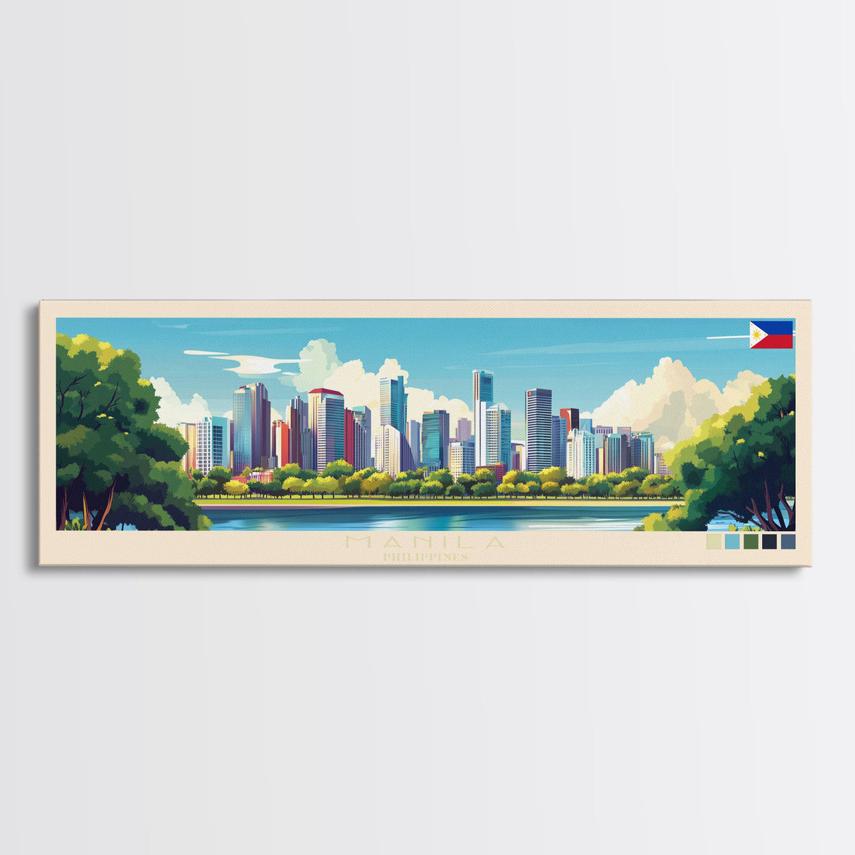 Manila, Philippines Panoramic Travel Poster Canvas Print, Manila, Philippines Painting, Philippines Art, Manila Panoramic Travel Art, Travel Painting