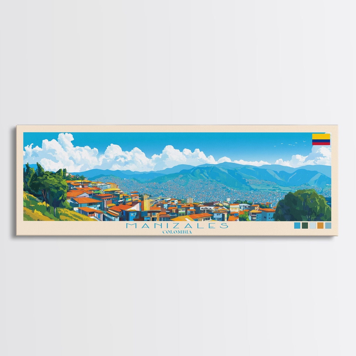 Manizales, Colombia Panoramic Travel Poster Canvas Print, Manizales, Colombia Painting, Colombia Art, Manizales Travel Art, Guest Room Painting