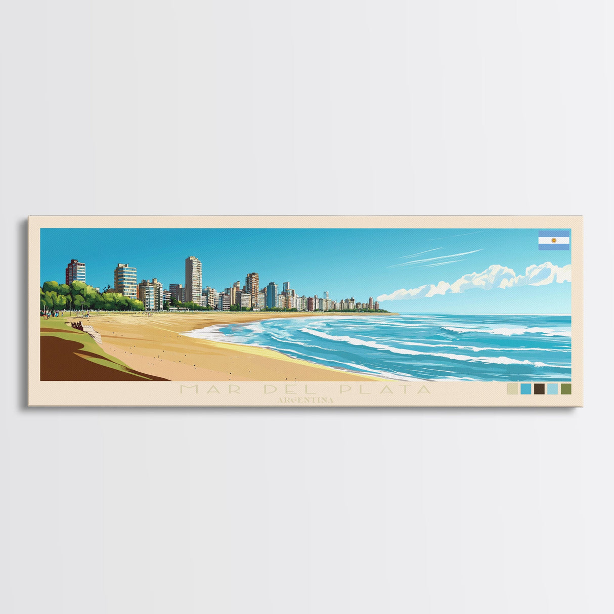 Mar del Plata, Argentina Travel Poster Panoramic Canvas Print, Mar del Plata, Argentina Painting, Argentina Art, Mar del Plata Travel Art, Guest Room Painting