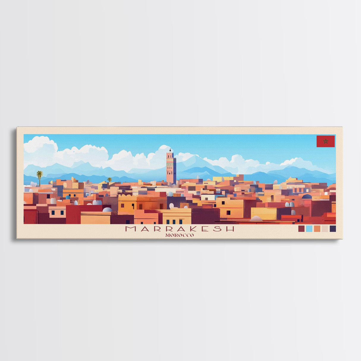 Marrakesh, Morocco Panoramic Travel Poster Canvas Print, Marrakesh, Morocco Painting, Morocco Art, Marrakesh Travel Art, Guest Room Painting