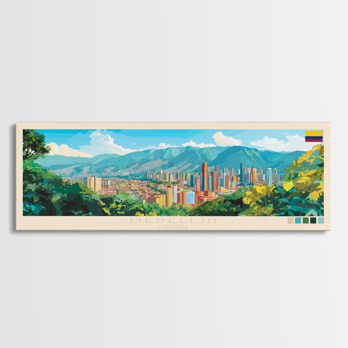 Medellin, Colombia Panoramic Travel Poster Canvas Print, Medellin, Colombia Painting, Colombia Art, Medellin Travel Art, Guest Room Painting