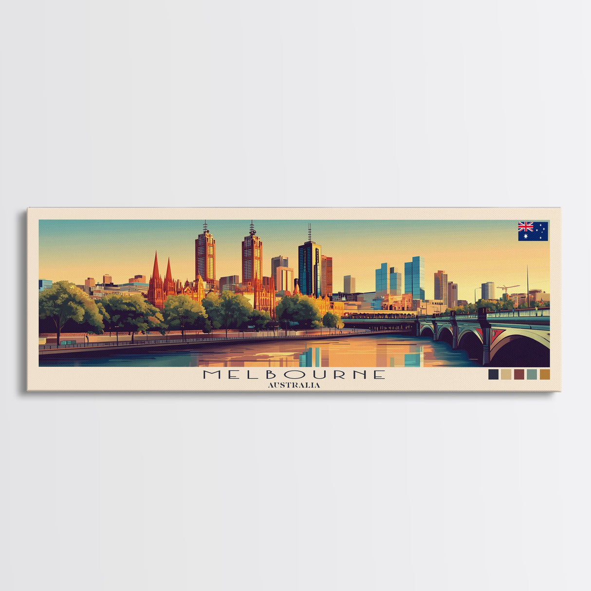 Melbourne, Australia Panoramic Travel Poster Canvas Print, Melbourne, Australia Painting, Australia Art, Melbourne Travel Art, Living Room Painting