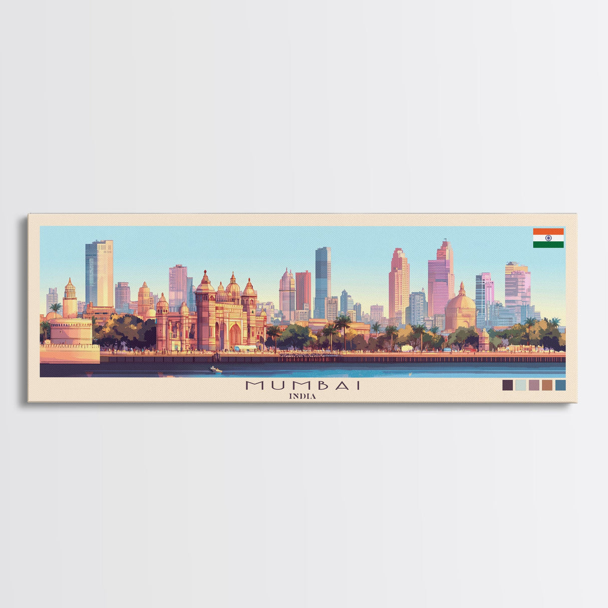 Mumbai, India Panoramic Travel Poster Canvas Print, Mumbai, India Painting, India Art, Mumbai Travel Art, Guest Room Painting