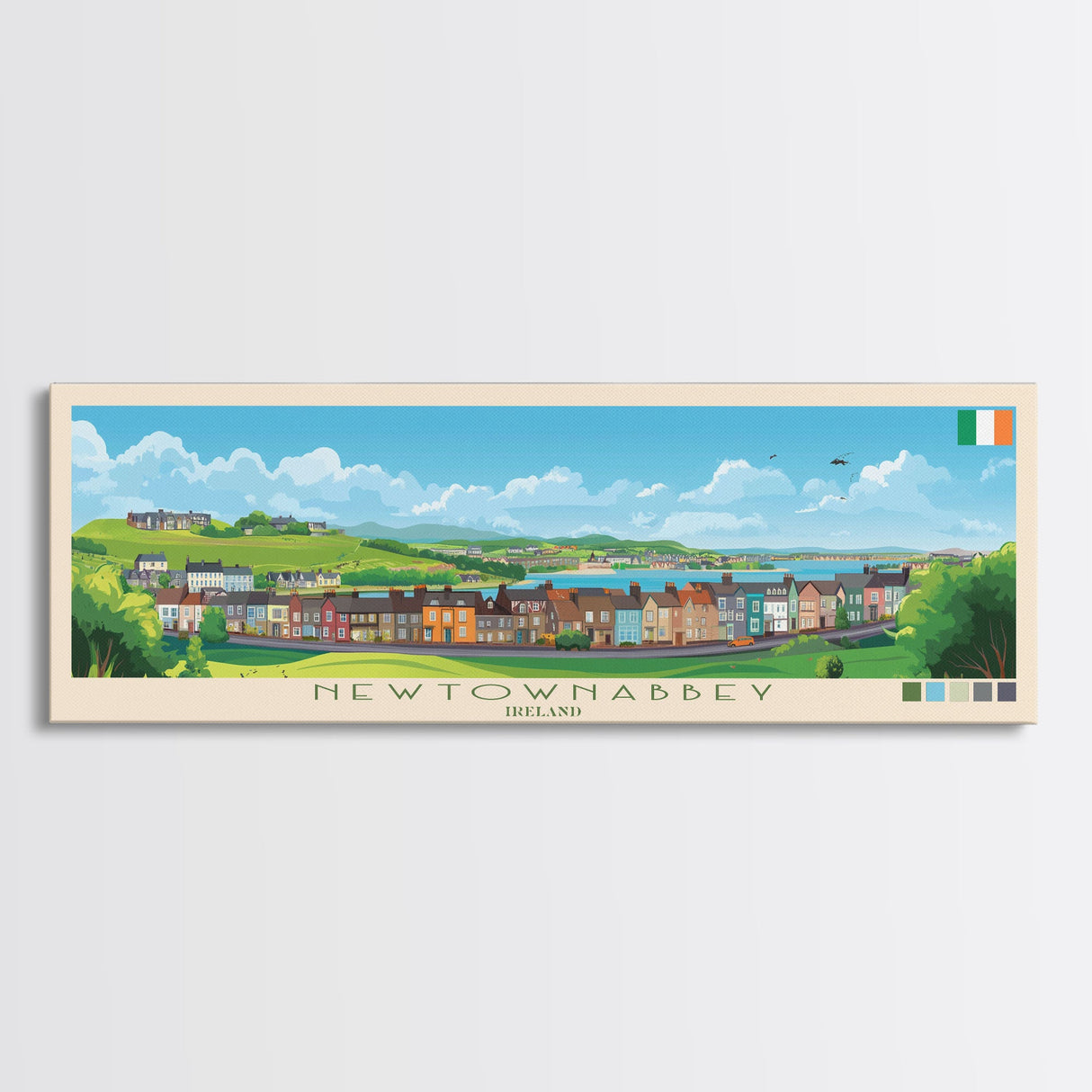 Newtownabbey, Ireland Panoramic Travel Poster Canvas Print, Newtownabbey, Ireland Painting, Ireland Art, Newtownabbey Travel Art, Living Room Painting