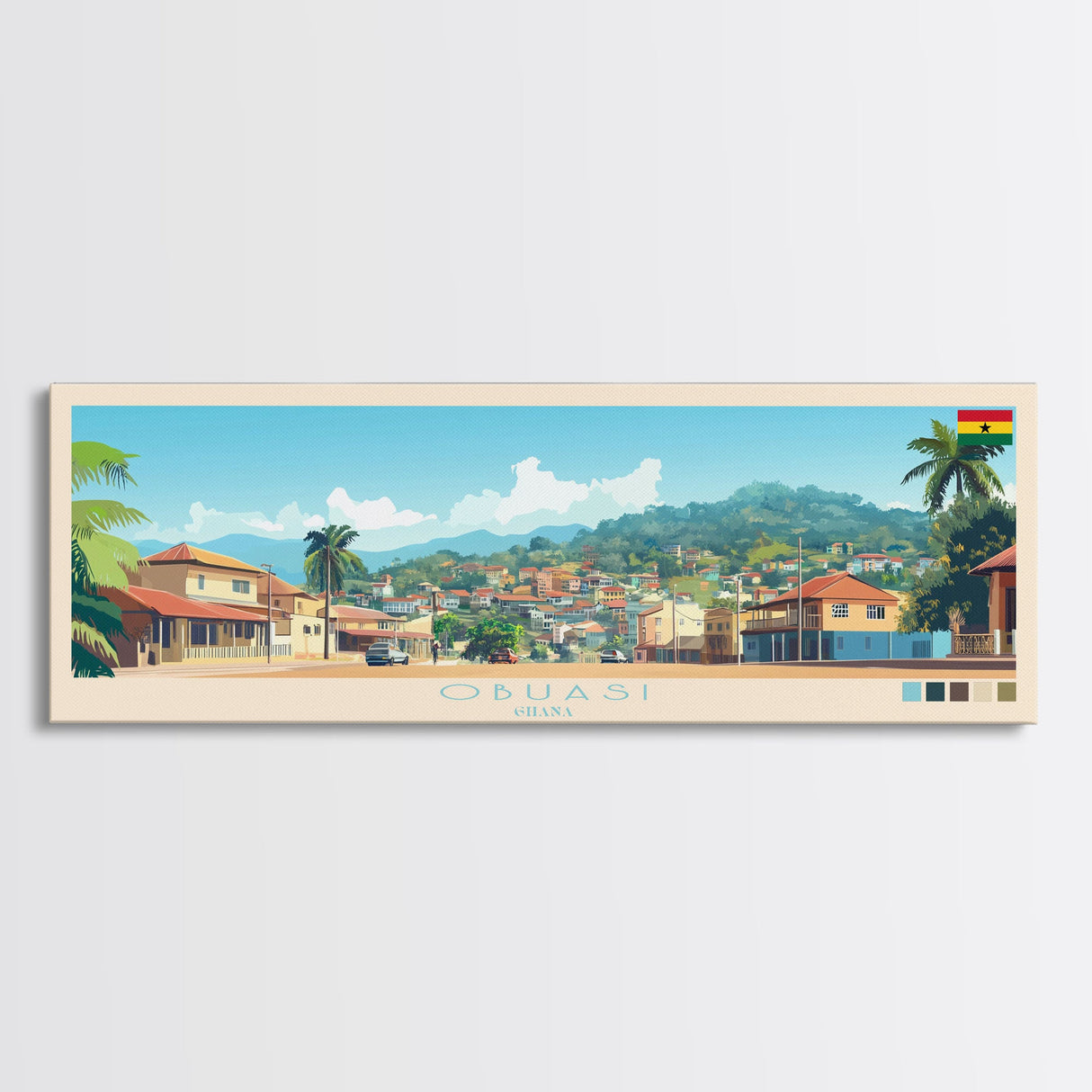 Obuasi, Ghana Panoramic Travel Poster Canvas Print, Obuasi, Ghana Painting, Ghana Art, Obuasi Panoramic Travel Art, Travel Painting