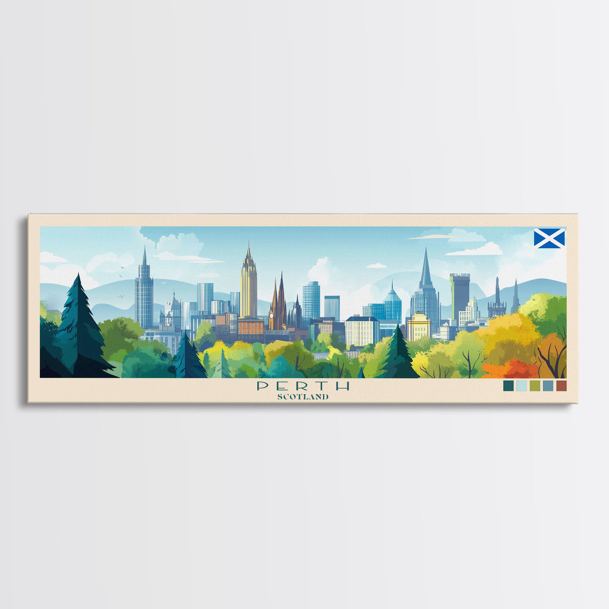 Panoramic Travel Poster Perth, Scotland Canvas Print, Perth, Scotland Painting, Scotland Art, Perth Travel Art, Guest Room Painting