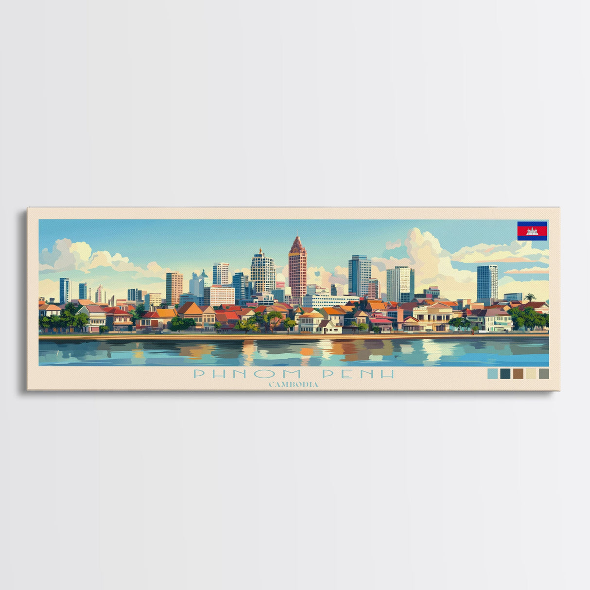 Phnom Penh, Cambodia Panoramic Travel Poster Canvas Print, Phnom Penh, Cambodia Painting, Cambodia Art, Phnom Penh Travel Art, Guest Room Painting