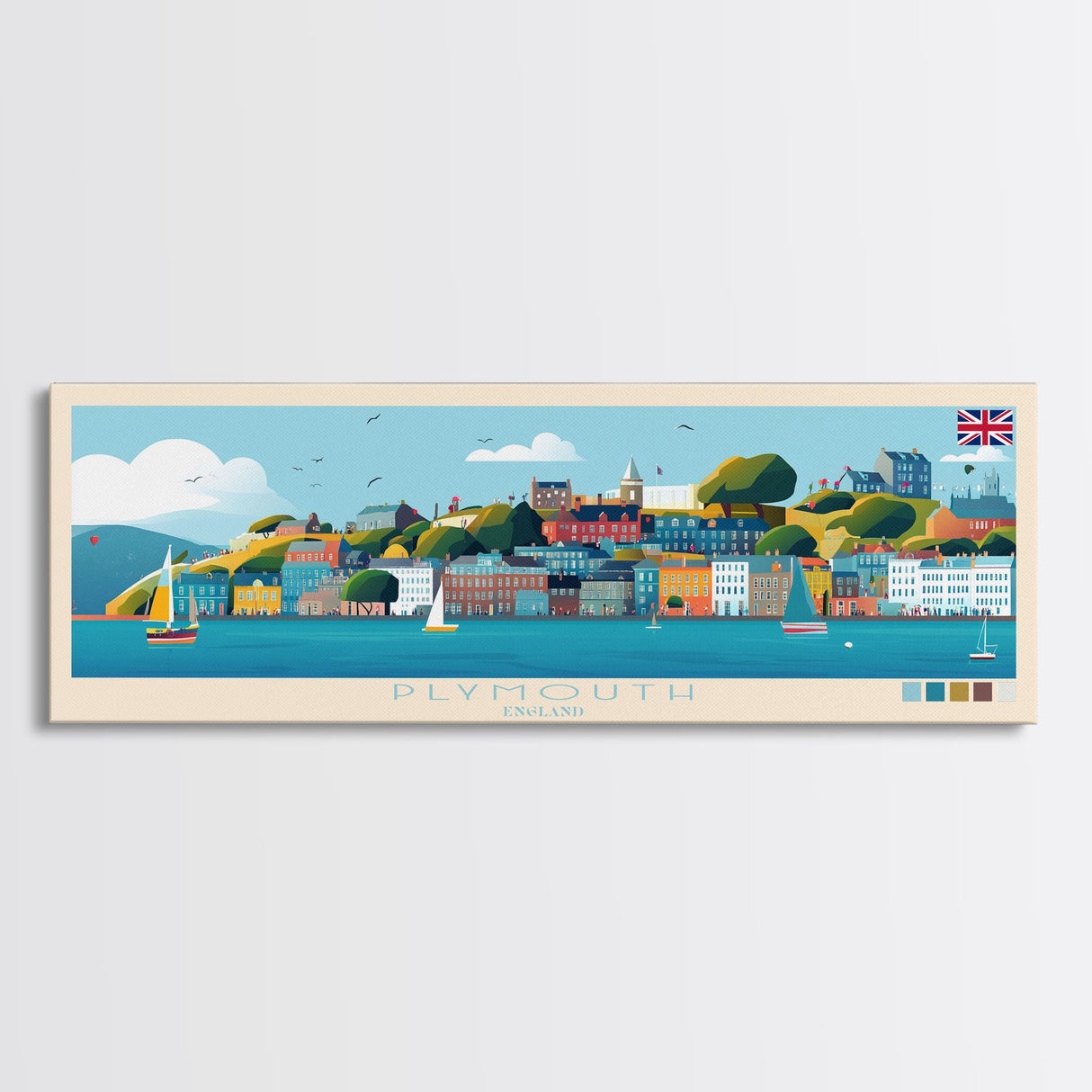 Plymouth, England Panoramic Travel Poster Canvas Print, Plymouth, England Painting, England Art, Plymouth Travel Art, Guest Room Painting