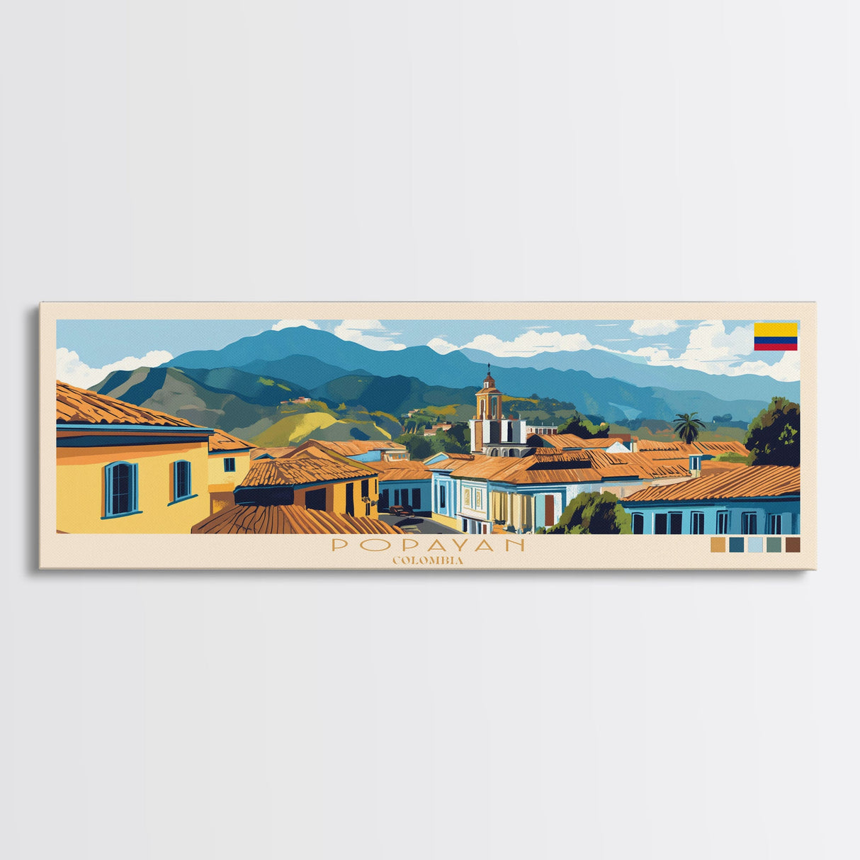 Popayan, Colombia Panoramic Travel Poster Canvas Print, Popayan, Colombia Painting, Colombia Art, Popayan Panoramic Travel Art, Travel Painting