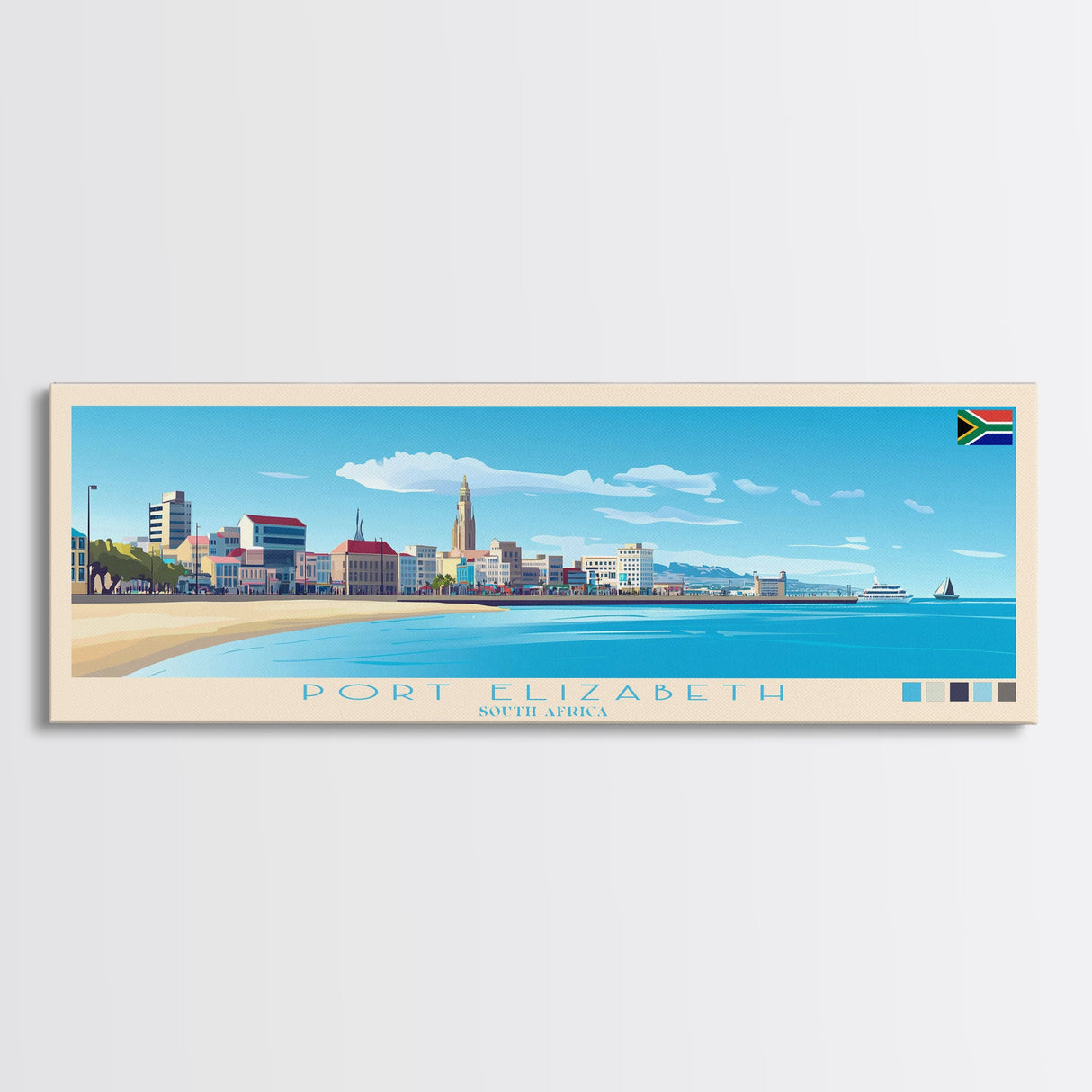 Port Elizabeth, South Africa Panoramic Travel Poster Canvas Print, Port Elizabeth, South Africa Painting, South Africa Art, Port Elizabeth Travel Art, Guest Room Painting