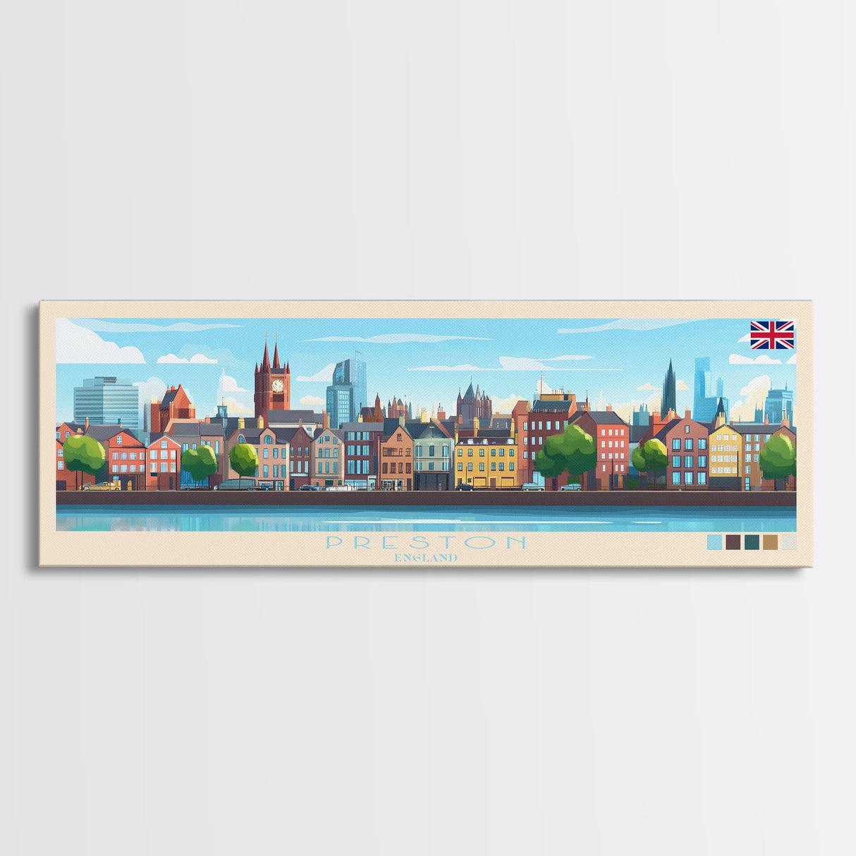 Preston, England Panoramic Travel Poster Canvas Print, Preston, England Painting, England Art, Preston Travel Art, Guest Room Painting