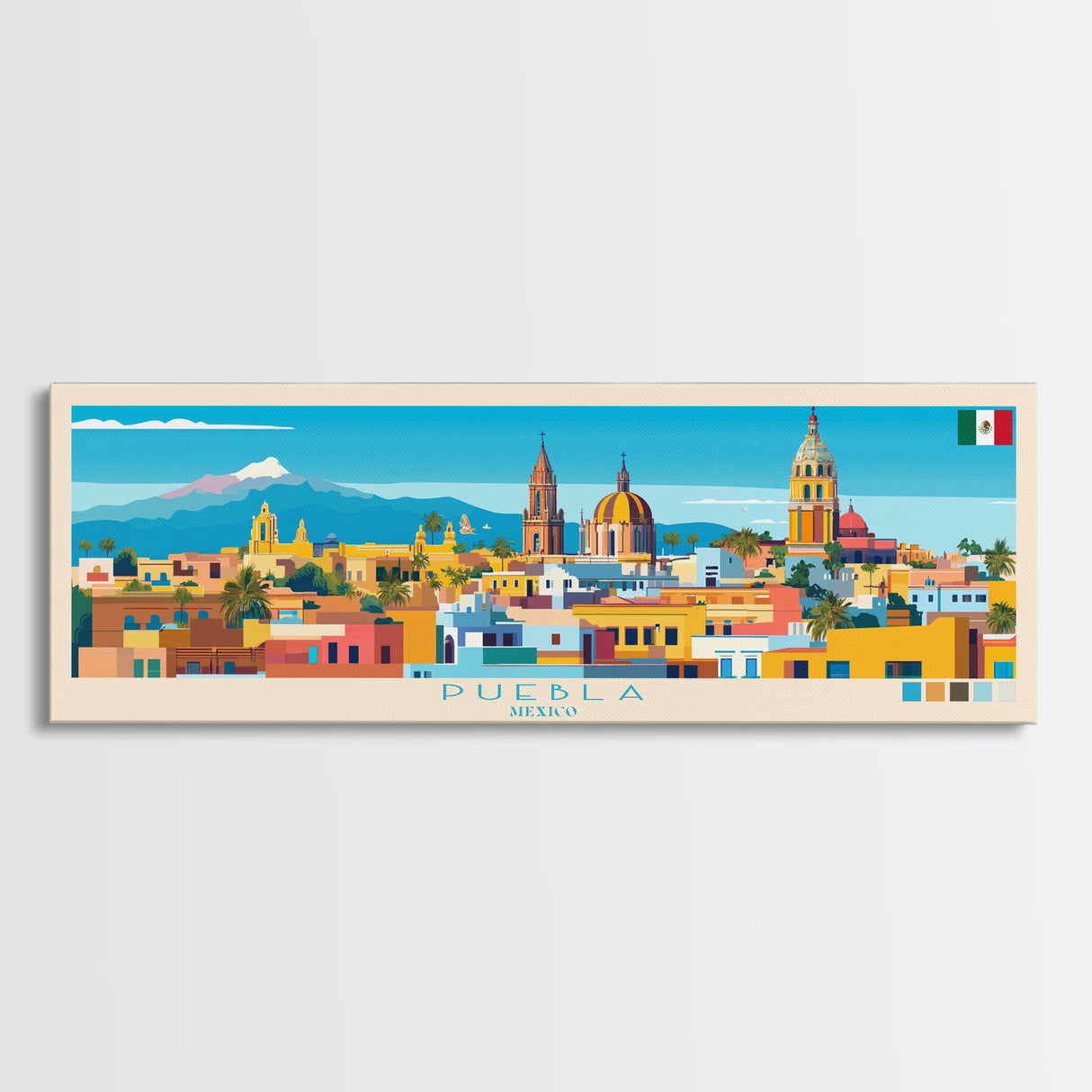 Puebla, Mexico Panoramic Travel Poster Canvas Print, Puebla, Mexico Painting, Mexico Art, Puebla Panoramic Travel Art, Travel Painting