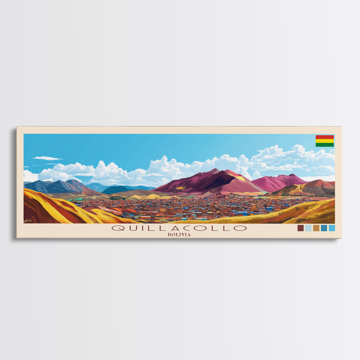 Quillacollo, Bolivia Panoramic Travel Poster Canvas Print, Quillacollo, Bolivia Painting, Bolivia Art, Quillacollo Panoramic Travel Art, Travel Painting