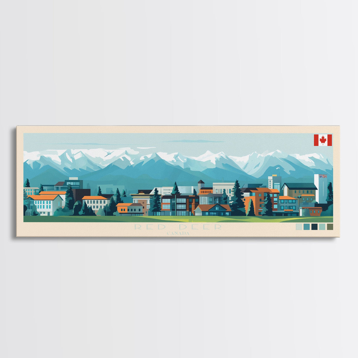 Red Deer, Canada Travel Poster Panoramic Canvas Print, Red Deer, Canada Painting, Canada Art, Red Deer Travel Art, Guest Room Painting