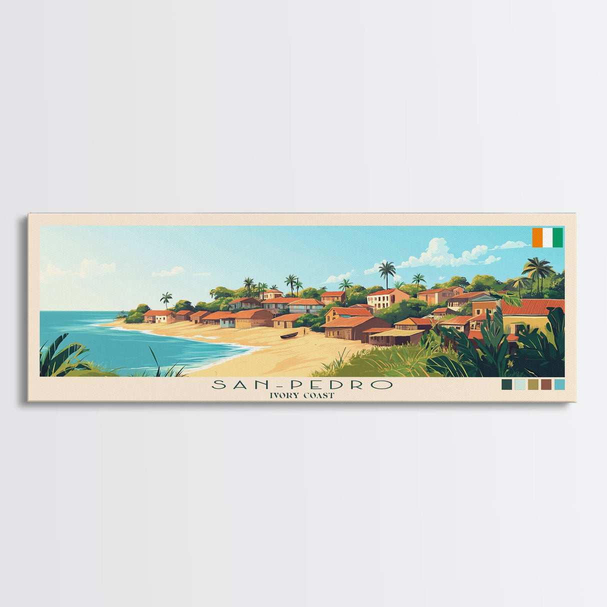 San-Pedro, Ivory Coast Panoramic Travel Poster Canvas Print, San-Pedro, Ivory Coast Painting, Ivory Coast Art, San-Pedro Travel Art, Guest Room Painting