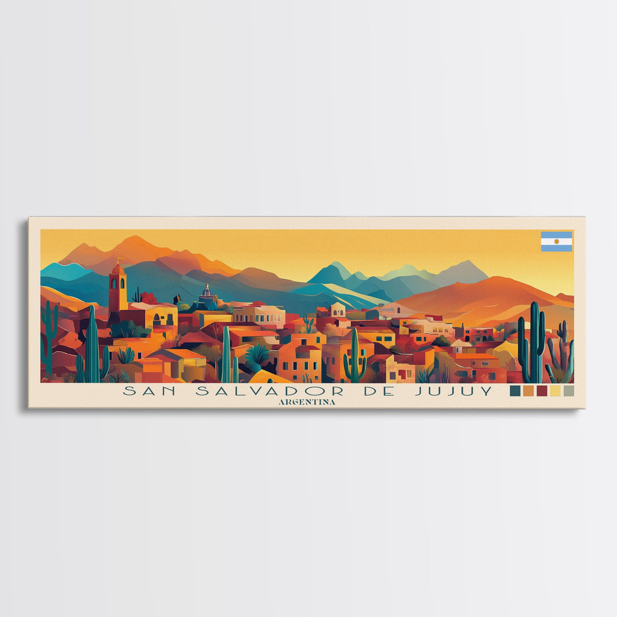 San Salvador de Jujuy, Argentina Panoramic Travel Poster Canvas Print, San Salvador de Jujuy, Argentina Painting, Argentina Art, San Salvador de Jujuy Panoramic Travel Art, Travel Painting