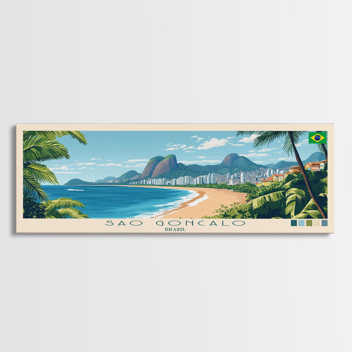 Sao Goncalo, Brazil Panoramic Travel Poster Canvas Print, Sao Goncalo, Brazil Painting, Brazil Art, Sao Goncalo Travel Art, Guest Room Painting