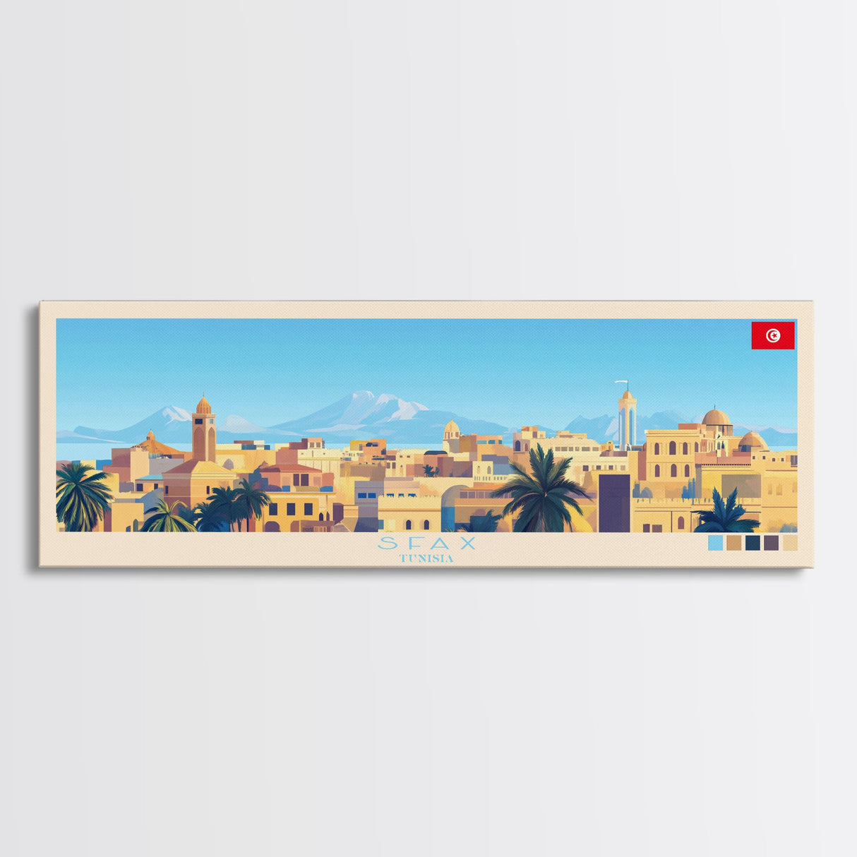 Sfax, Tunisia Panoramic Travel Poster Canvas Print, Sfax, Tunisia Painting, Tunisia Art, Sfax Travel Art, Living Room Painting