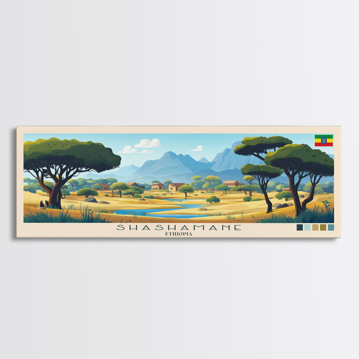 Shashamane, Ethiopia Travel Poster Panoramic Canvas Print, Shashamane, Ethiopia Painting, Ethiopia Art, Shashamane Travel Art, Guest Room Painting